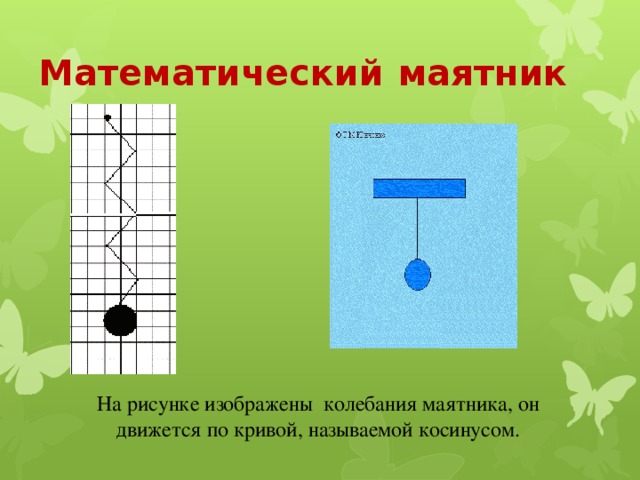 Математический  маятник На рисунке изображены колебания маятника, он движется по кривой, называемой косинусом.