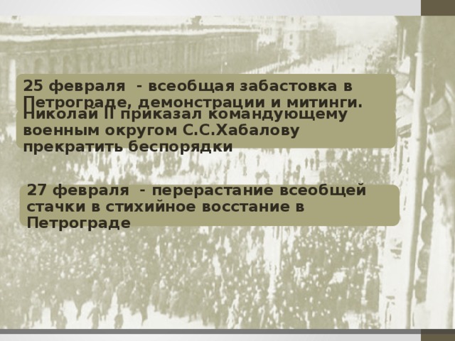 25 февраля - всеобщая забастовка в Петрограде, демонстрации и митинги. Николай II приказал командующему военным округом С.С.Хабалову прекратить беспорядки 27 февраля - перерастание всеобщей стачки в стихийное восстание в Петрограде