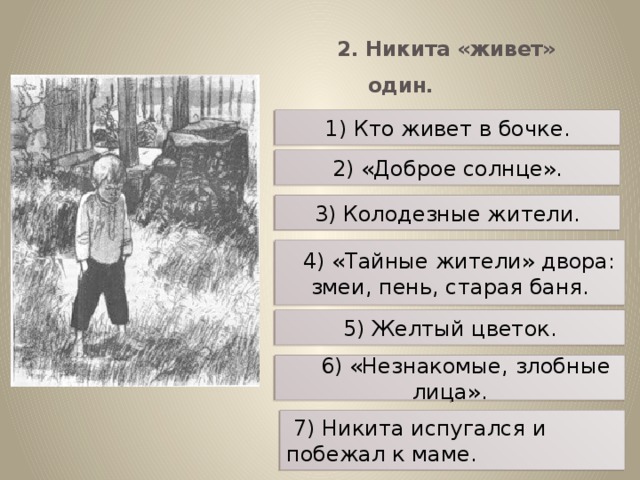         2. Никита «живет» один.     1) Кто живет в бочке. 2) «Доброе солнце». 3) Колодезные жители.      4) «Тайные жители» двора: змеи, пень, старая баня. 5) Желтый цветок.        6) «Незнакомые, злобные лица».   7) Никита испугался и побежал к маме.