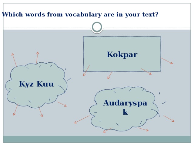 Which words from vocabulary are in your text?      Kokpar Kyz Kuu Audaryspak