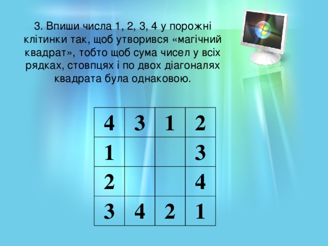 3. Впиши числа 1, 2, 3, 4 у порожні клітинки так, щоб утворився «магічний квадрат», тобто щоб сума чисел у всіх рядках, стовпцях і по двох діагоналях квадрата була однаковою. 4 3 1 1 2 2 3 3 4 4 2 1