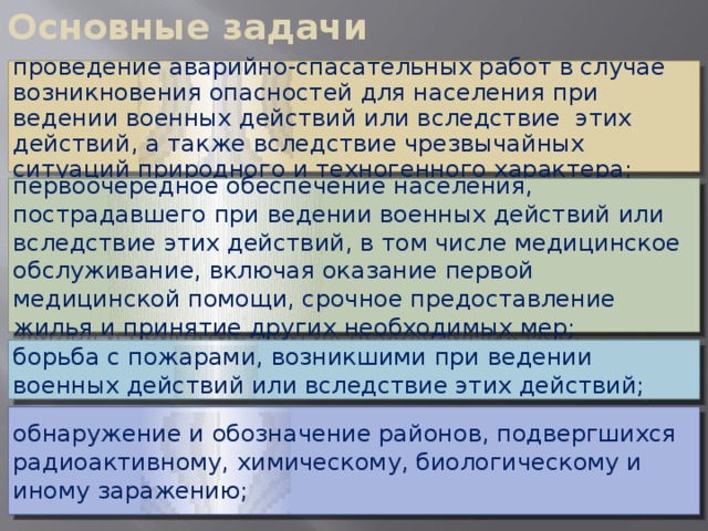 Основные задачи проведение аварийно-спасательных работ в случае возникновения опасностей для населения при ведении военных действий или вследствие этих действий, а также вследствие чрезвычайных ситуаций природного и техногенного характера; первоочередное обеспечение населения, пострадавшего при ведении военных действий или вследствие этих действий, в том числе медицинское обслуживание, включая оказание первой медицинской помощи, срочное предоставление жилья и принятие других необходимых мер; борьба с пожарами, возникшими при ведении военных действий или вследствие этих действий; обнаружение и обозначение районов, подвергшихся радиоактивному, химическому, биологическому и иному заражению;