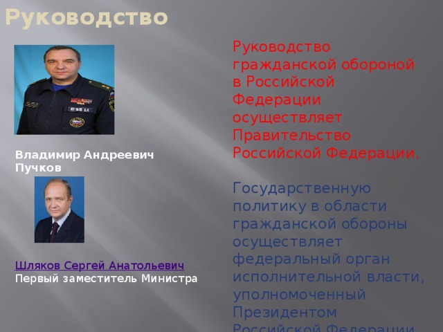 Руководство Руководство гражданской обороной в Российской Федерации осуществляет Правительство Российской Федерации.   Государственную политику в области гражданской обороны осуществляет федеральный орган исполнительной власти, уполномоченный Президентом Российской Федерации на решение задач в области гражданской обороны (МЧС России). Владимир Андреевич Пучков Шляков Сергей Анатольевич Первый заместитель Министра