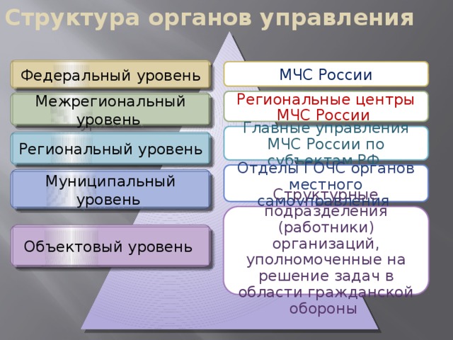 Структура органов управления Федеральный уровень МЧС России Региональные центры МЧС России Межрегиональный уровень Главные управления МЧС России по субъектам РФ Региональный уровень Отделы ГОЧС органов местного самоуправления Муниципальный уровень Структурные подразделения (работники) организаций, уполномоченные на решение задач в области гражданской обороны Объектовый уровень