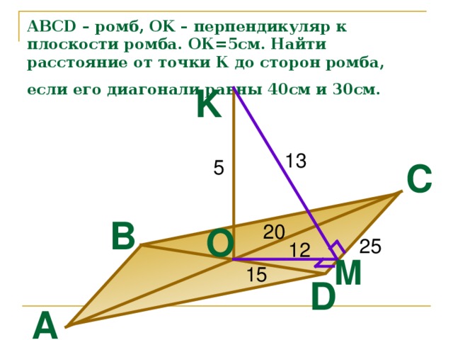 Расстояние от точки до плоскости ромба. Перпендикуляр в ромбе. Перпендикуляр к плоскости ромба. Ромб на плоскости. Теорема о трех перпендикулярах ромб.