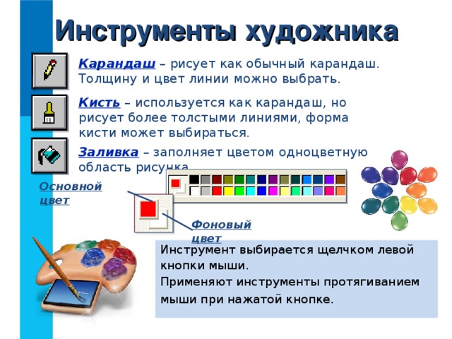 Инструменты художника Карандаш  – рисует как обычный карандаш. Толщину и цвет линии можно выбрать. Кисть – используется как карандаш, но рисует более толстыми линиями, форма кисти может выбираться. Заливка – заполняет цветом одноцветную область рисунка. Основной цвет Фоновый цвет Инструмент выбирается щелчком левой кнопки мыши. Применяют инструменты протягиванием мыши при нажатой кнопке.