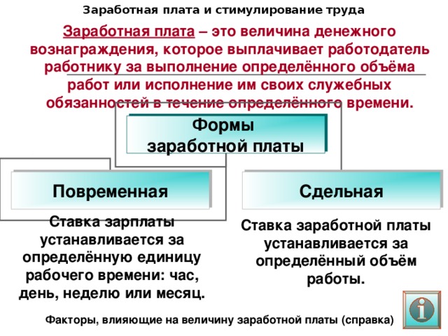 Заработная плата и стимулирование труда Заработная плата – это величина денежного вознаграждения, которое выплачивает работодатель работнику за выполнение определённого объёма работ или исполнение им своих служебных обязанностей в течение определённого времени. Формы заработной платы Повременная Сдельная Ставка зарплаты устанавливается за определённую единицу рабочего времени: час, день, неделю или месяц. Ставка заработной платы устанавливается за определённый объём работы. Факторы, влияющие на величину заработной платы (справка)