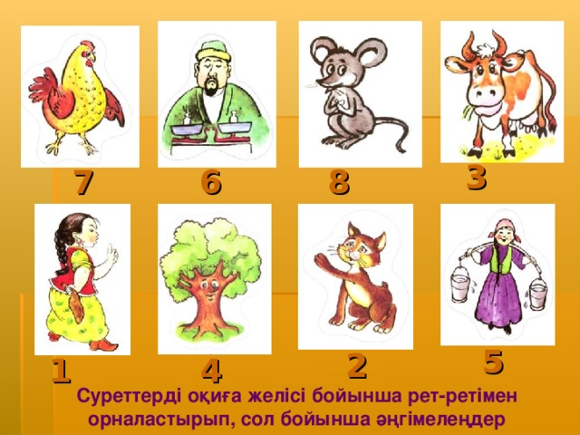 3 8 7 6 5 2 1 4 Суреттерді оқиға желісі бойынша рет-ретімен орналастырып, сол бойынша әңгімелеңдер