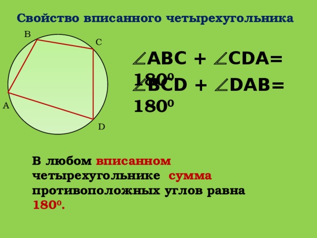 Свойство вписанного четырехугольника  B C  АВС +  СDА= 180 0  ВСD +  DАB= 180 0 A D В любом вписанном четырехугольнике сумма противоположных углов равна 180 0 . 29
