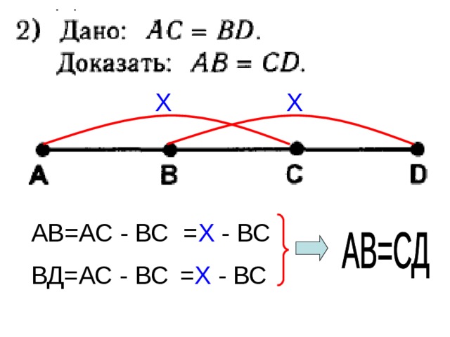 Х Х АВ=АС - ВС = Х - ВС ВД=АС - ВС = Х - ВС