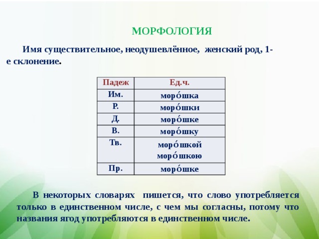 МОРФОЛОГИЯ Имя существительное, неодушевлённое, женский род, 1-е склонение . Падеж Ед.ч. Им. моро́шка Р. Д. моро́шки моро́шке В. моро́шку Тв. моро́шкой  моро́шкою Пр. моро́шке В некоторых словарях пишется, что слово употребляется только в единственном числе, с чем мы согласны, потому что названия ягод употребляются в единственном числе.