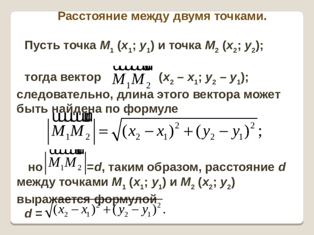 Расстояние между двумя точками.  Пусть точка M 1 ( x 1 ; y 1 ) и точка M 2 ( x 2 ; y 2 );  тогда вектор ( x 2 – x 1 ; y 2 – y 1 ); следовательно, длина этого вектора может быть найдена по формуле     но = d , таким образом, расстояние d между точками M 1 ( x 1 ; y 1 ) и M 2 ( x 2 ; y 2 ) выражается формулой d =