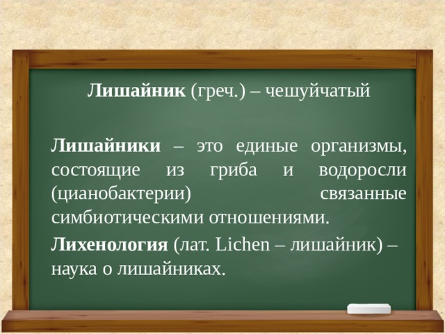 Лишайник (греч.) – чешуйчатый   Лишайники – это единые организмы, состоящие из гриба и водоросли (цианобактерии) связанные симбиотическими отношениями.  Лихенология (лат. Lichen – лишайник) – наука о лишайниках.