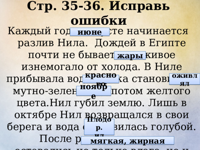 Стр. 35-36. Исправь ошибки Каждый год в августе начинается разлив Нила. Дождей в Египте почти не бывает, все живое изнемогало от холода. В Ниле прибывала вода и река становилась мутно-зеленого, а потом желтого цвета.Нил губил землю. Лишь в октябре Нил возвращался в свои берега и вода становилась голубой. После разлива на полях оставались не только влага, но и песок. Вот почему почва в долине Нила плотная, рассыпчатая. июне жары оживлял красного ноябре Плодор. ил мягкая, жирная